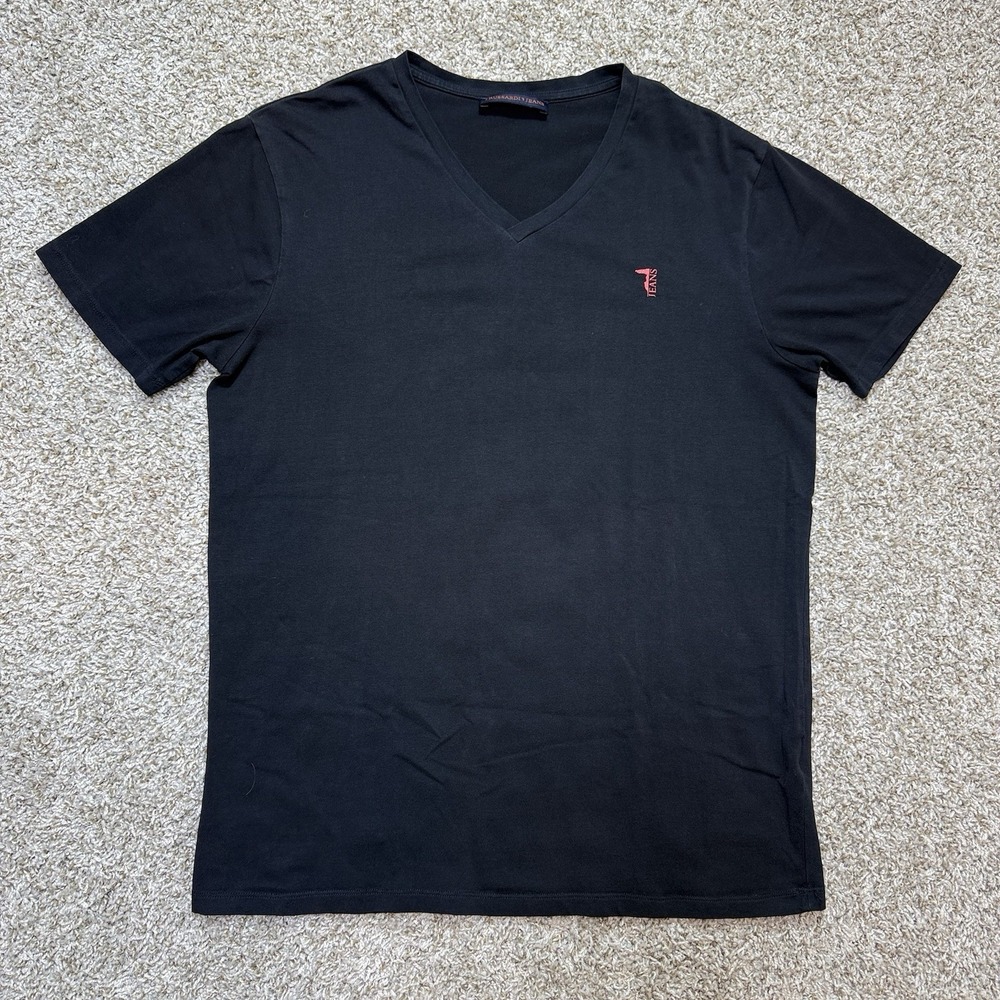 Trussardi Jeans Mens XXL Black V Neck Logo T Shirt Stretch Cotton Italy Luxury